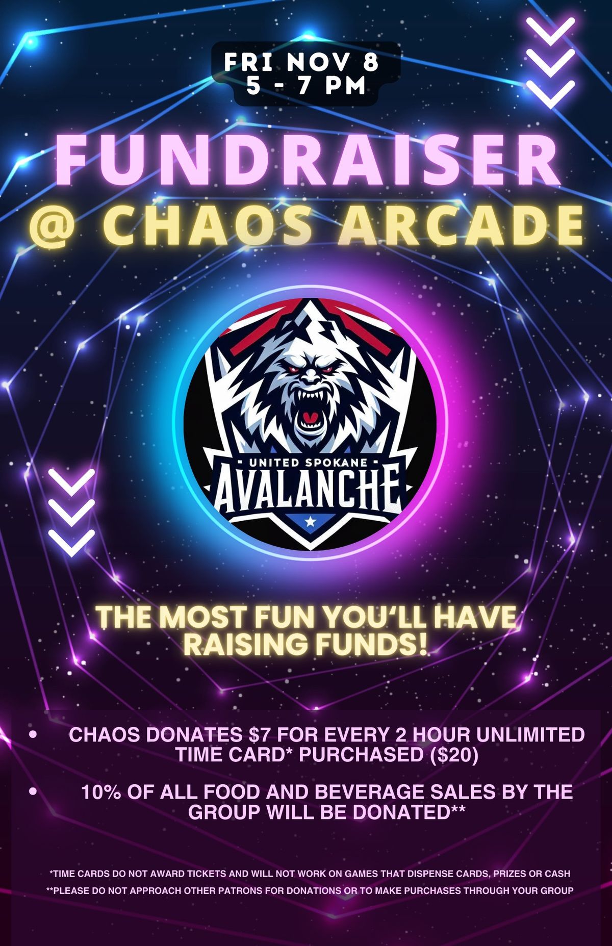 United Spokane Avalanche 10U Baseball Team Fundraiser @ Chaos Arcade