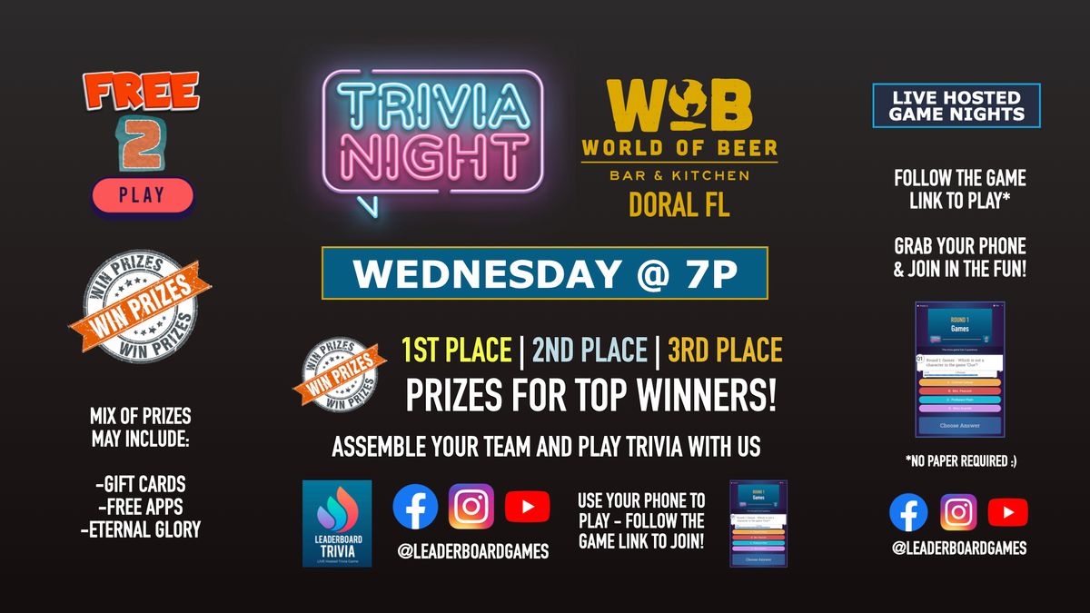 Trivia Night | World of Beer - Doral FL - WED 7p - @LeaderboardGames