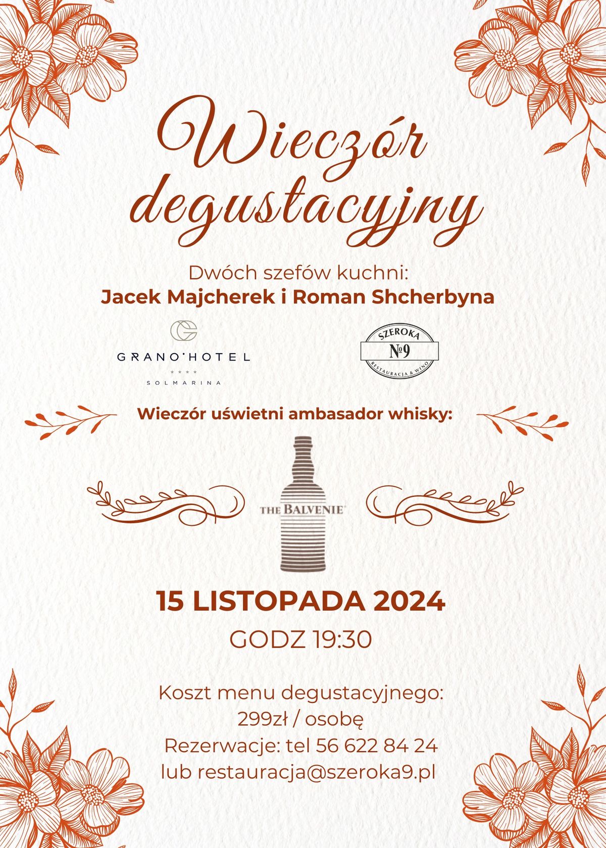 Wiecz\u00f3r degustacyjny The Balvenie \/ Kolacja degustacyjna \/ Restauracja Szeroka No.9  