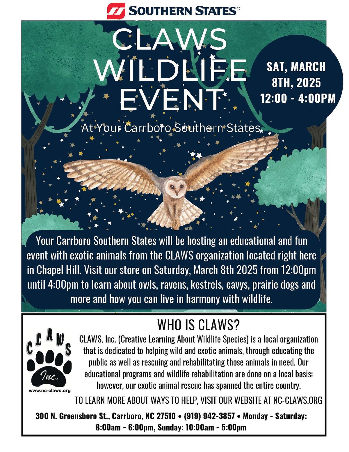 CLAWS Wildlife Event at Southern States Carrboro!