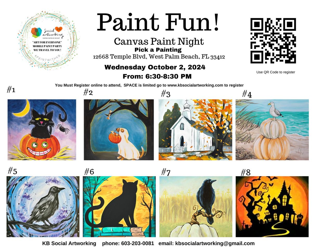 Canvas Paint Night Pick a Painting Wednesday October 2, 2024  From: 6:30-8:30 PM