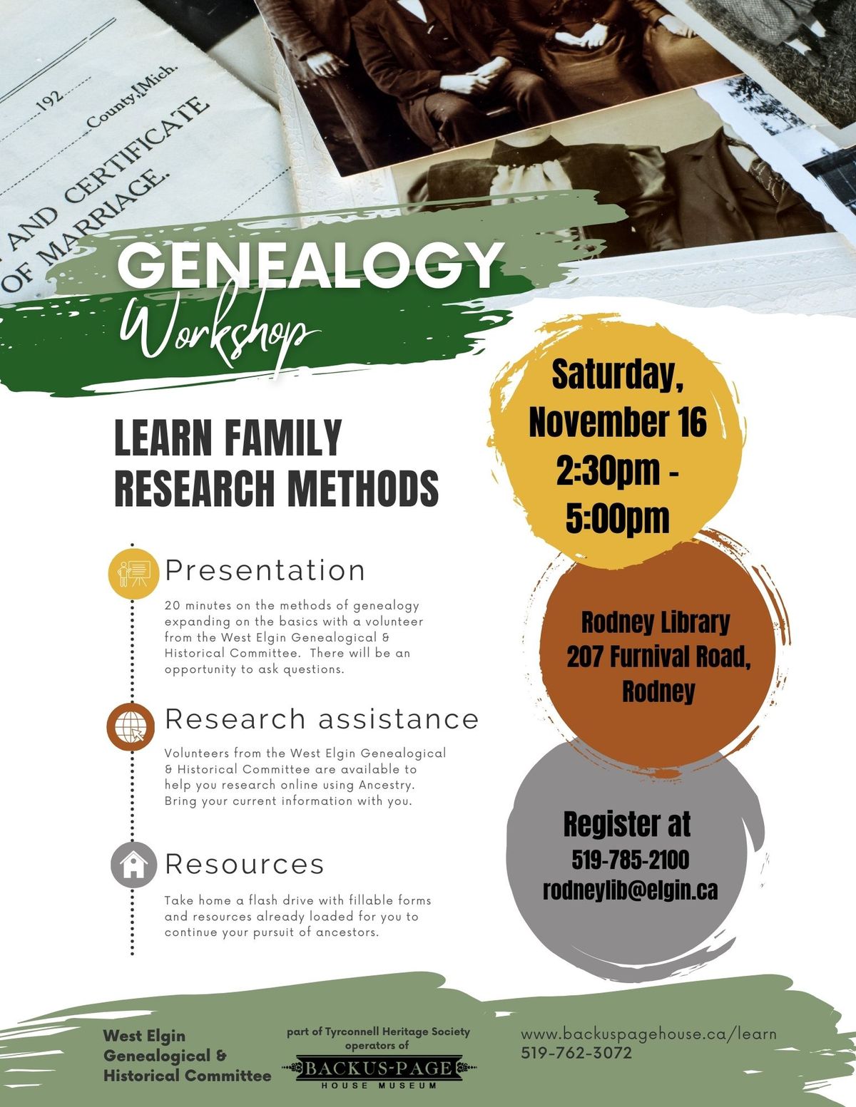 Rodney Genealogy Workshop with West Elgin Genealogical & Historical Society