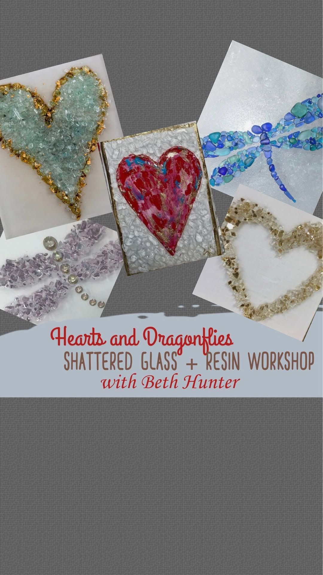 Hearts and Dragonflies, Shattered Glass & Resin workshop with Beth Hunter