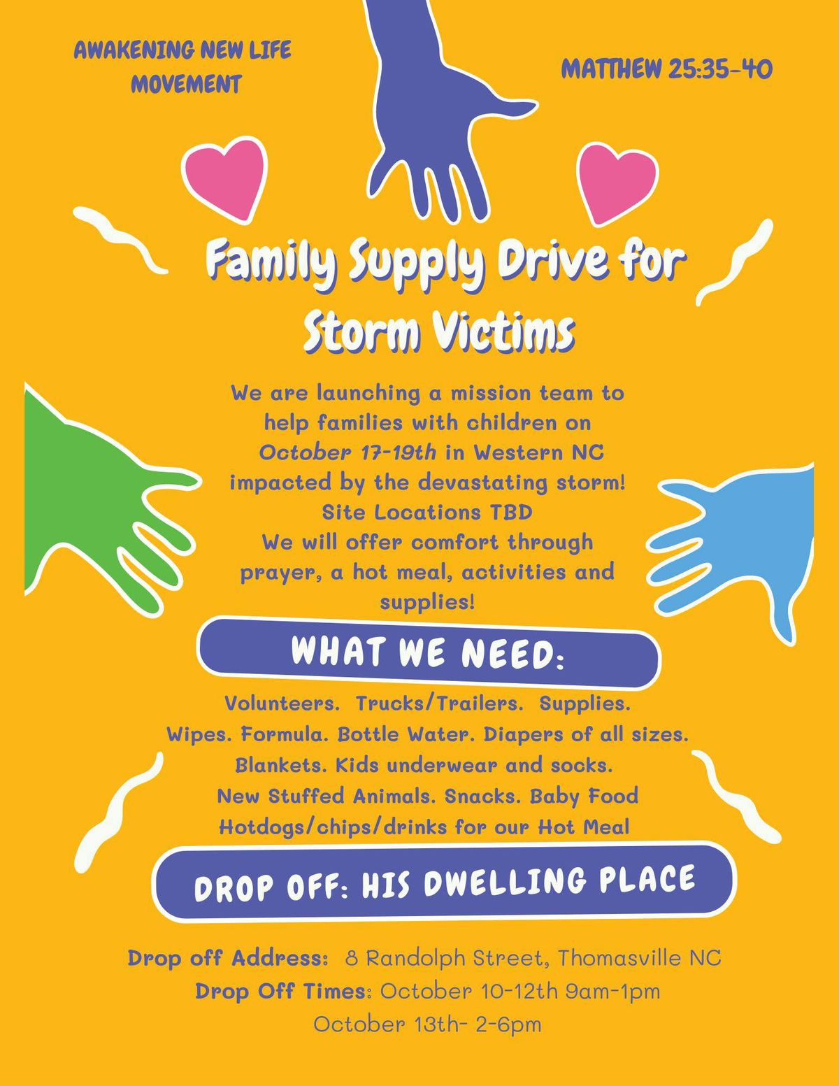 Family Supply Drive for NC Storm Victims 