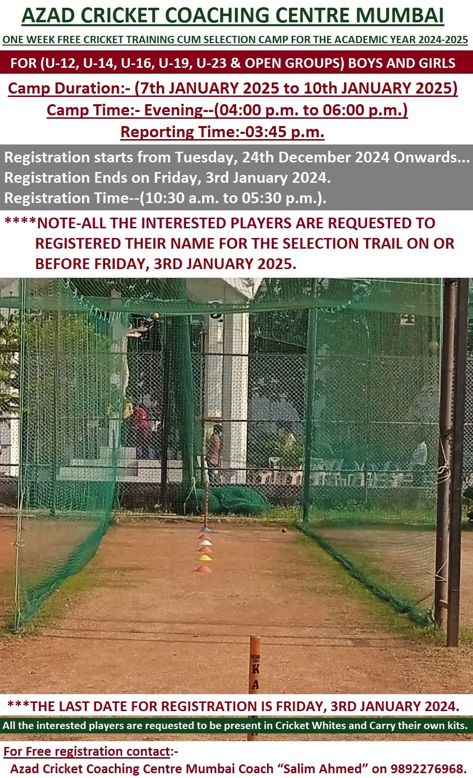 ACCC MUMBAI ONE WEEK FREE CRICKET TRAINING CUM SELECTION CAMP FOR THE ACADEMIC YEAR 2024-2025