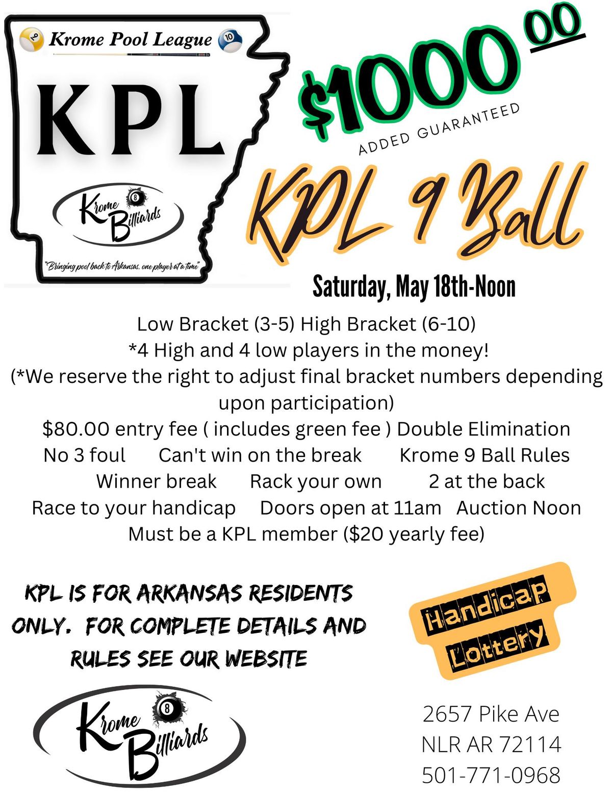 $1000 added KPL 9 Ball