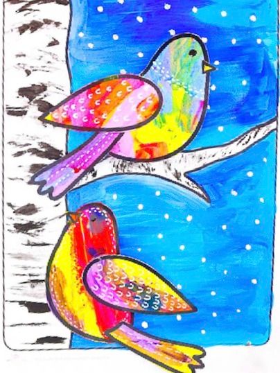Kids Art Workshop: Winter Birds painted collage