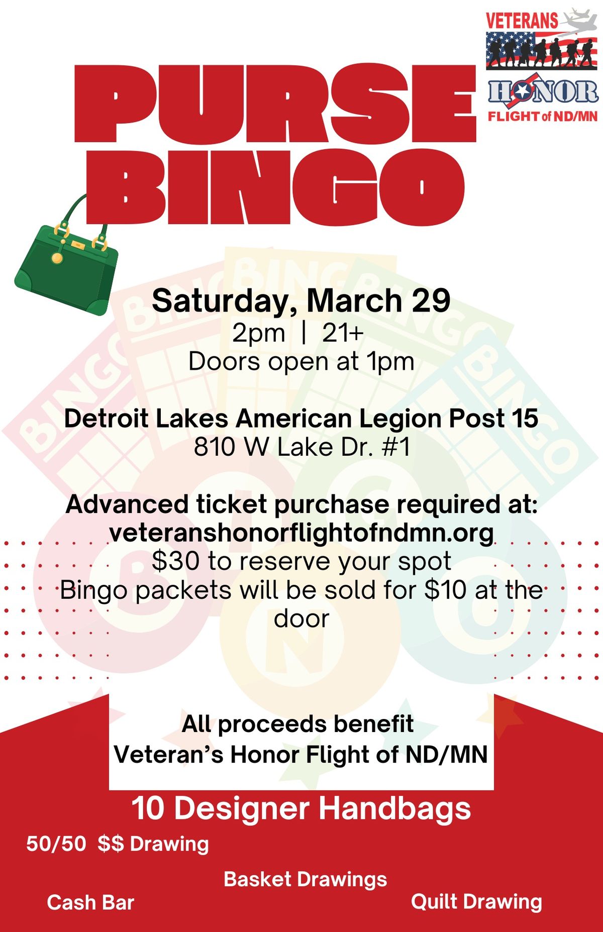 Purse Bingo Detroit Lakes American Legion (advance ticket purchase required to attend)