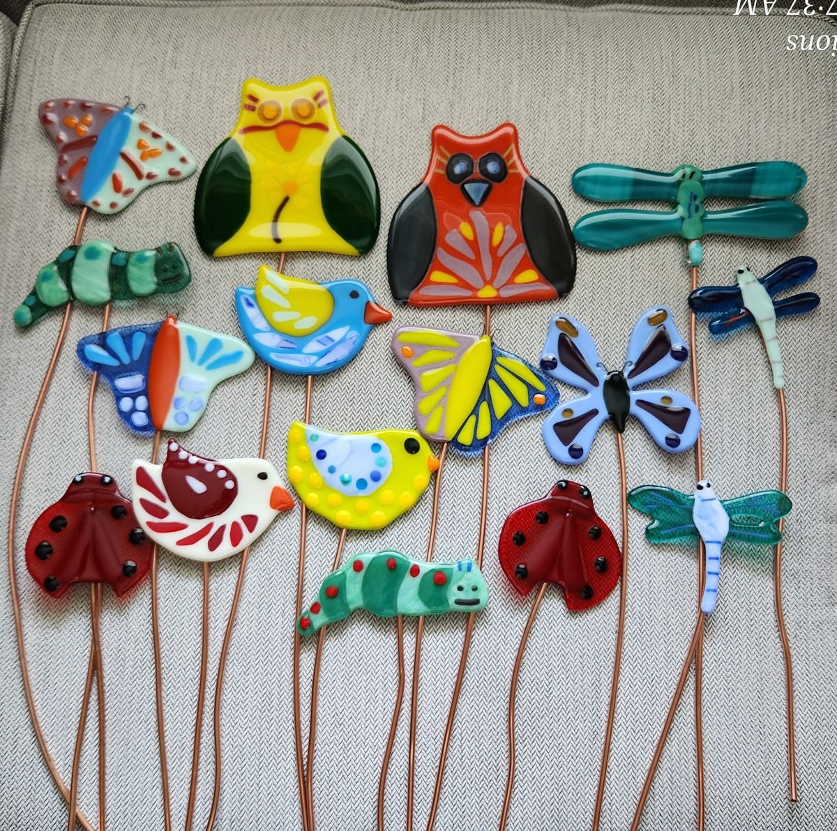 Fused Glass Garden Critter Stakes on Copper