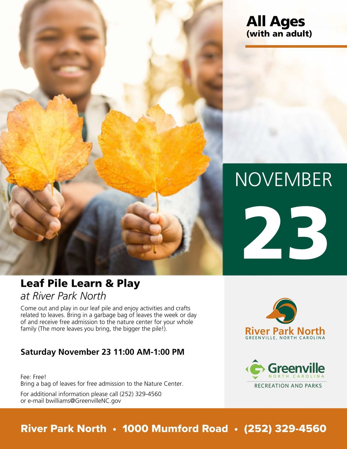 Leaf Pile Learn and Play at River Park North