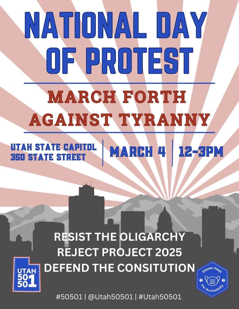 Salt Lake City UTAH Capitol Protest against Trump Musk, for Democracy, March 4th Against Tyranny