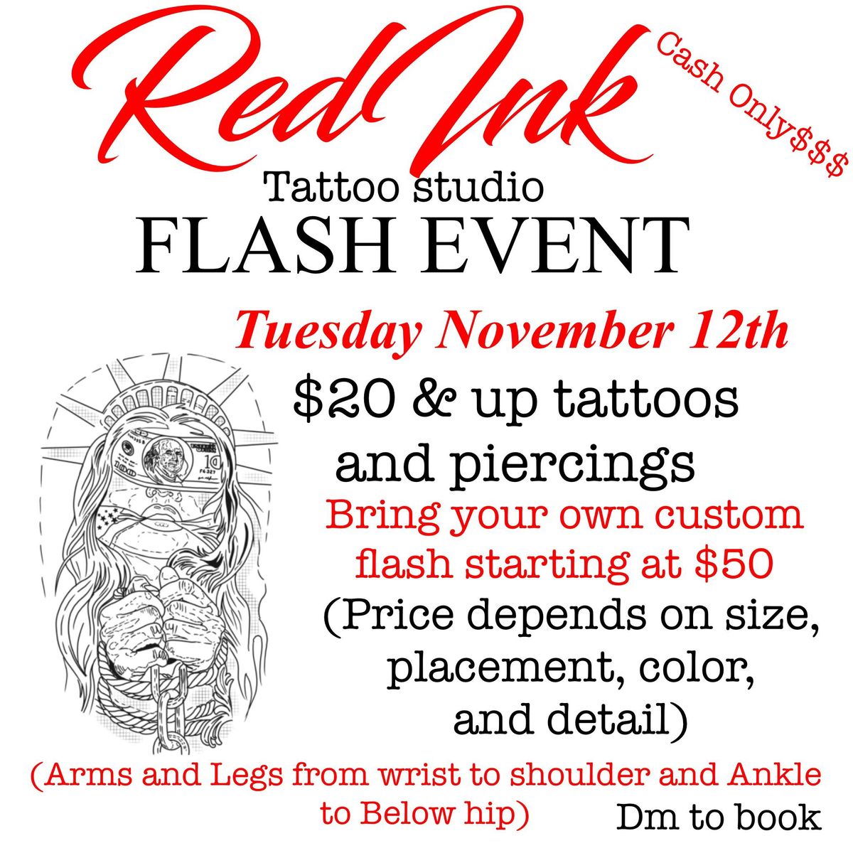 FLASH $20  AND UP TATTOOS AND PIERCINGS NOVEMBER 12TH!