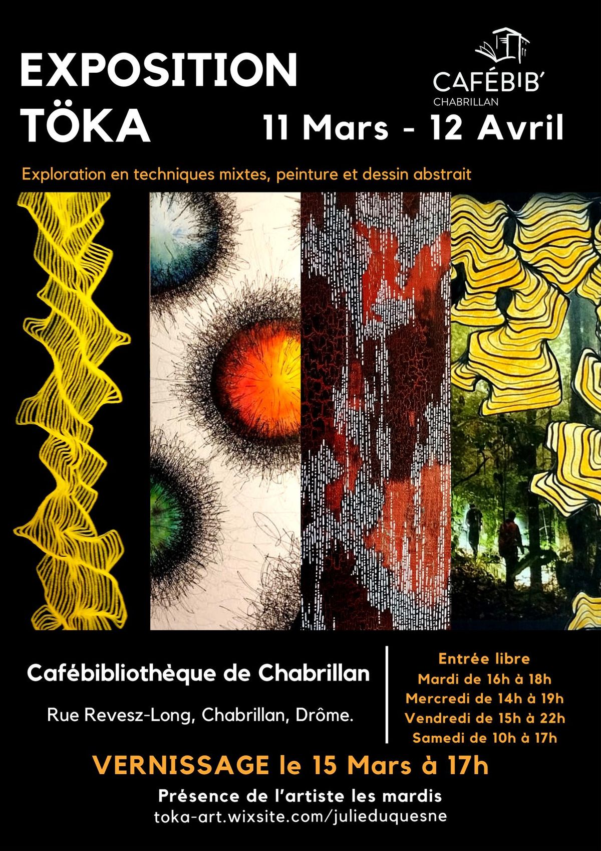 Vernissage exposition T\u00f6ka " Horizons divers " au Caf\u00e9 biblioth\u00e8que Chabrillan