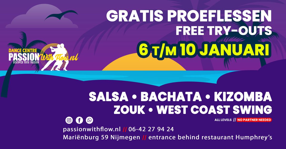 Gratis proeflessen \/\/ free try-outs | Salsa, Bachata, Kizomba, Zouk & WCS