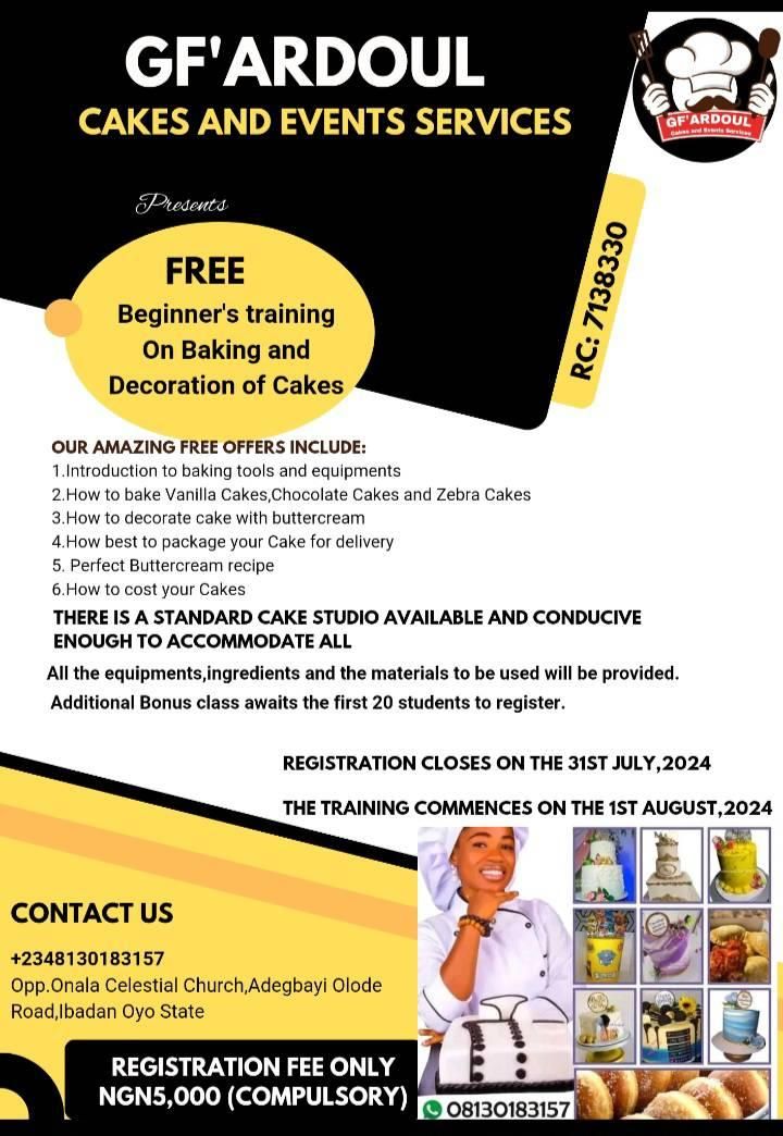 GF'ARDOUL CAKES AND EVENTS SERVICES, FREE PHYSICAL CAKE TRAINING 