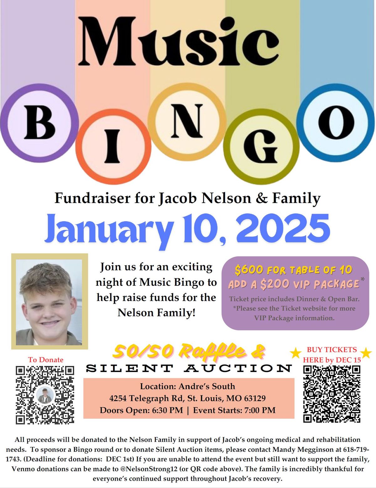 Music Bingo Fundraiser for Jacob Nelson & Family