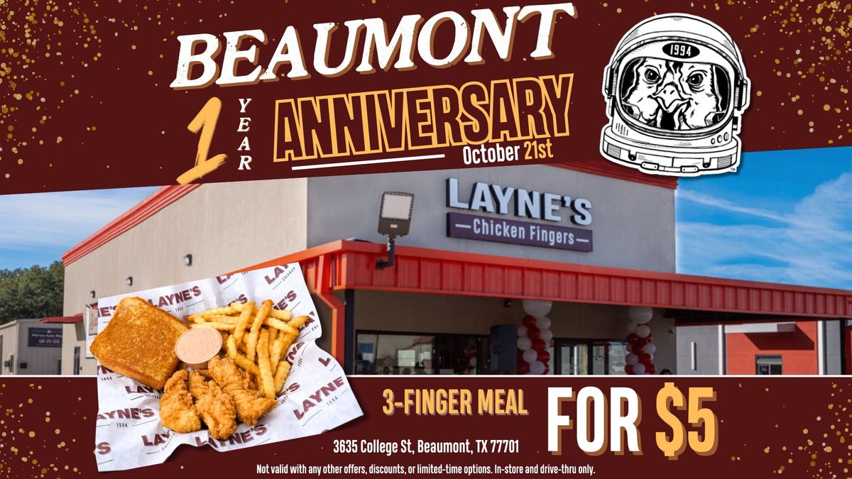 1\ufe0f\u20e3 Year Anniversary Bash: $5 3 Piece Chicken Fingers ALL DAY at Layne's Beaumont