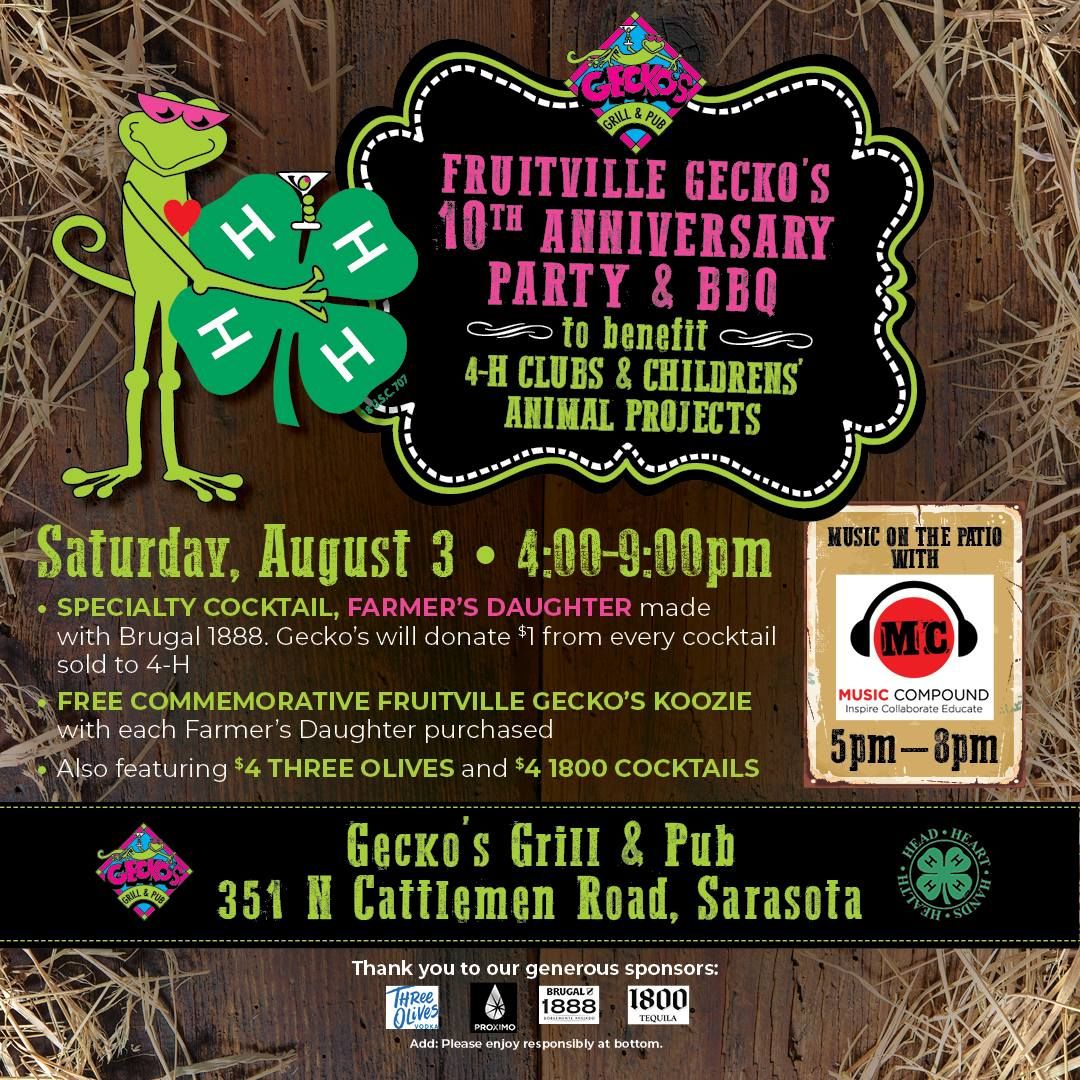 Fruitville Gecko's 10th Anniversary Party to Benefit 4-H Children's Animal Projects