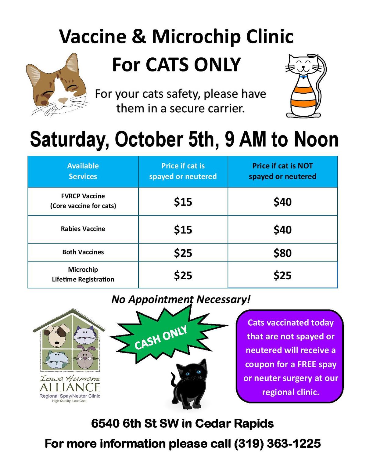 Vaccine & Microchip Clinic For CATS ONLY