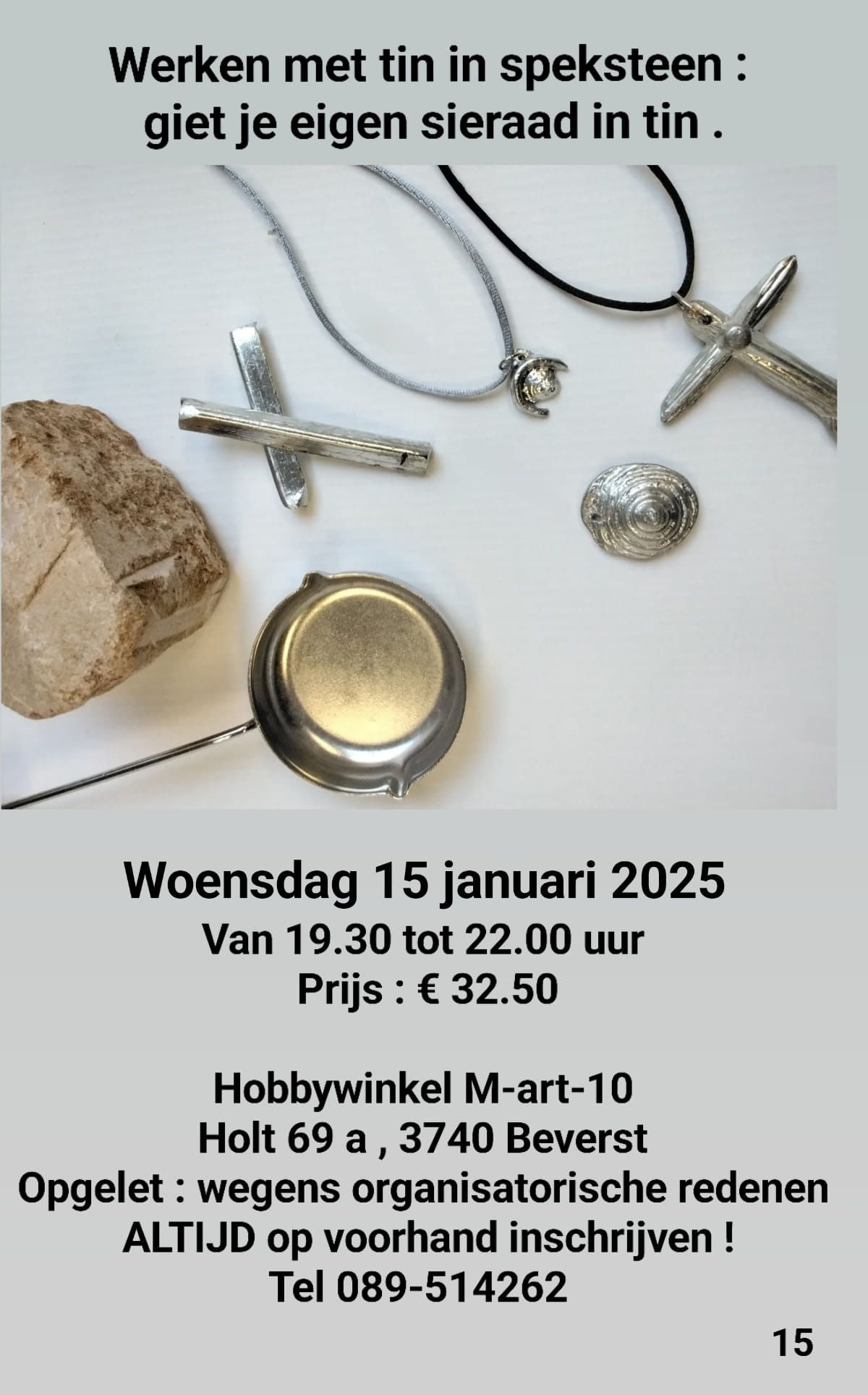 workshop bij hobbywinkel M-art-10  : sieraad hangers uit tin