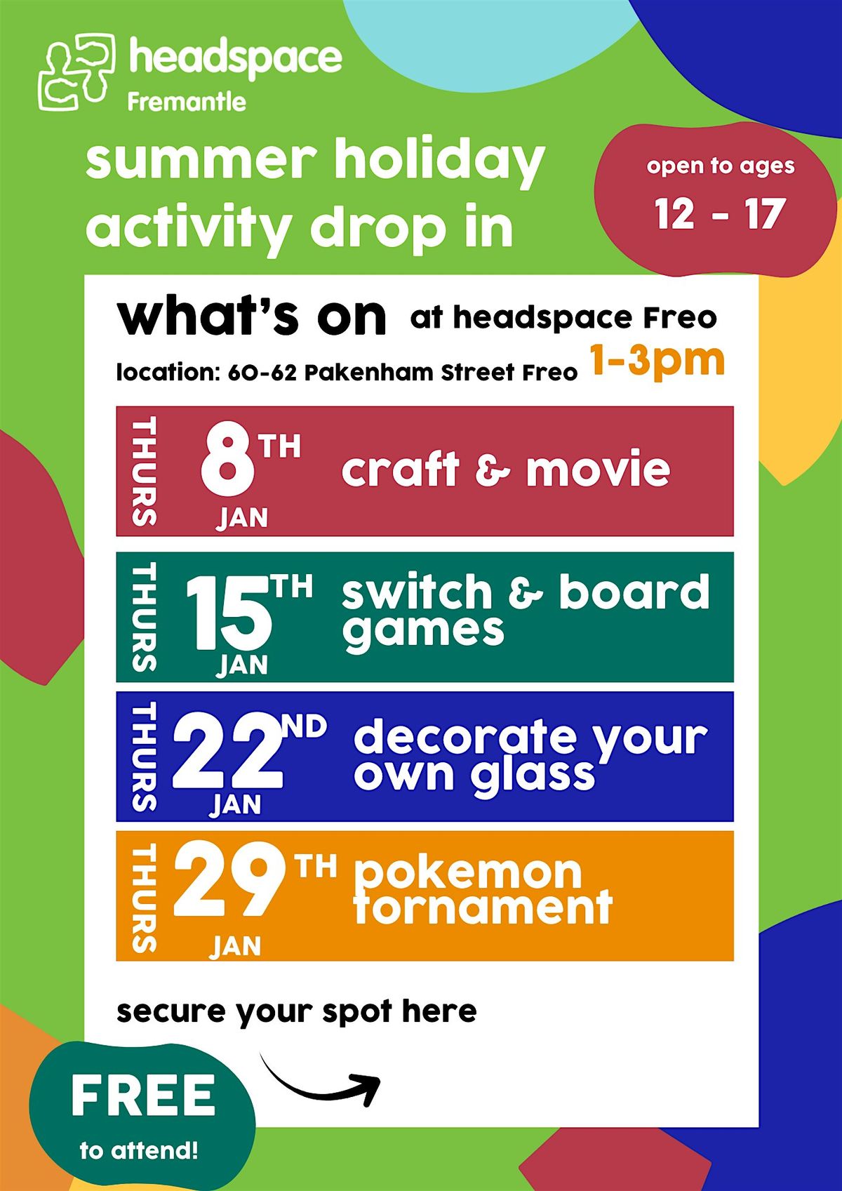 Summer holiday youth drop in activities with headspace Freo (ages 12-17)