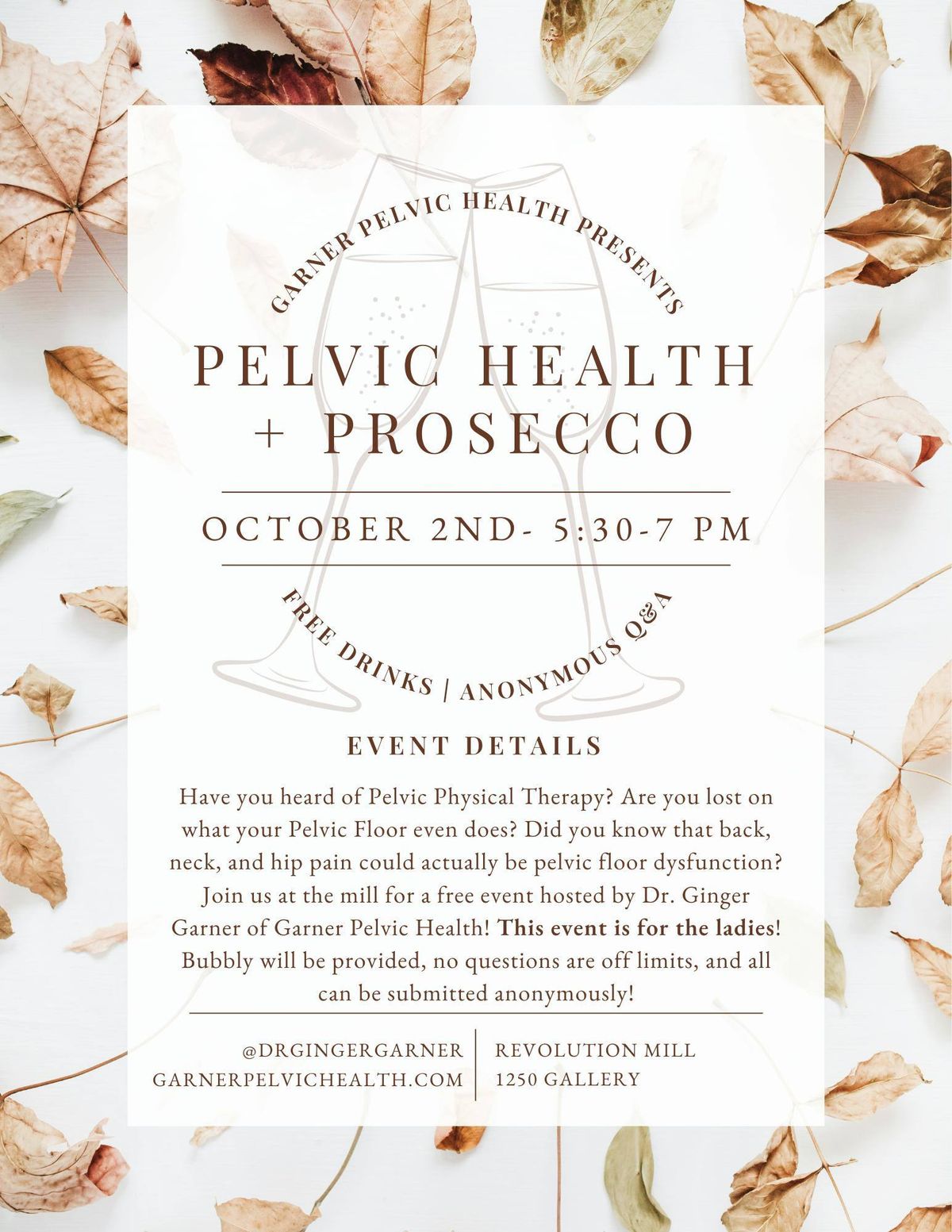 Revolution Mill Prosecco and Pelvic Health Event