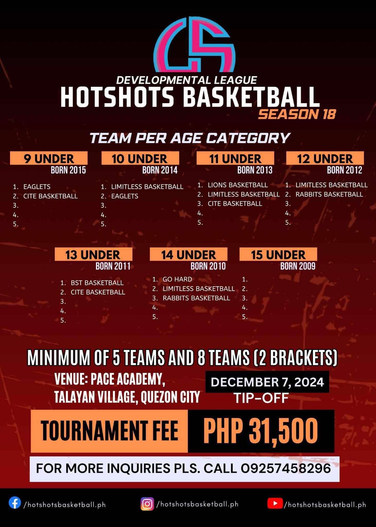 Pay to Play & Train Players for Season 18 Hotshots Developmental League in Manila