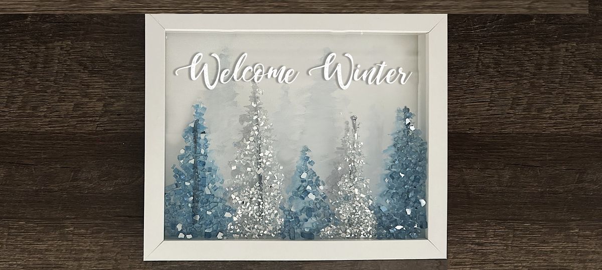 Winter Wishes Snow Scene with Pine Trees in Frame Paint Sip Art Class