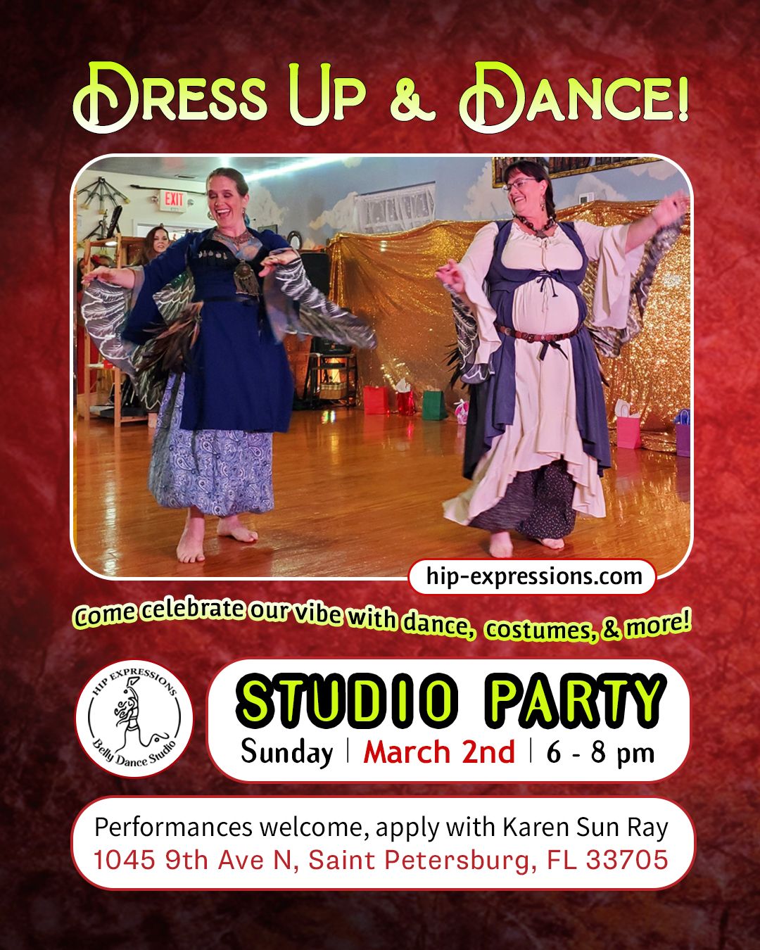 Studio Party | Dress Up & Dance! | Sunday, March 2nd | 6 - 8 pm | At Hip Expressions