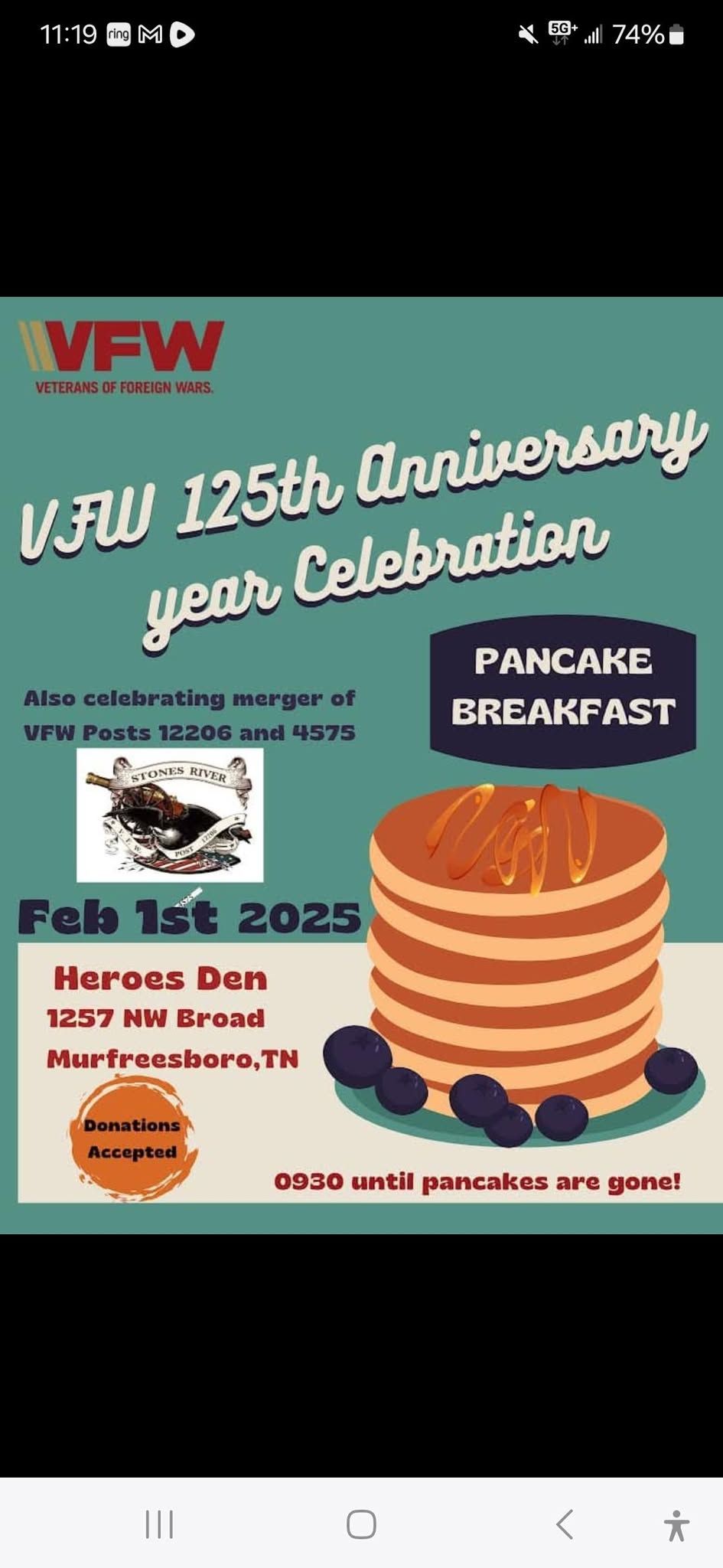 125th Year VFW Celebration Pancake Breakfast