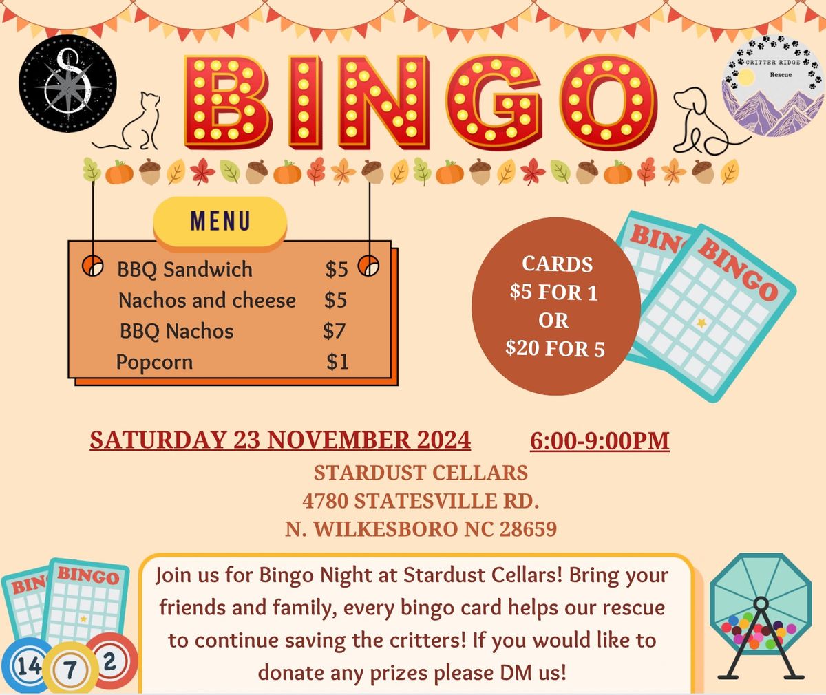 BINGO NIGHT to Support Critter Ridge Rescue