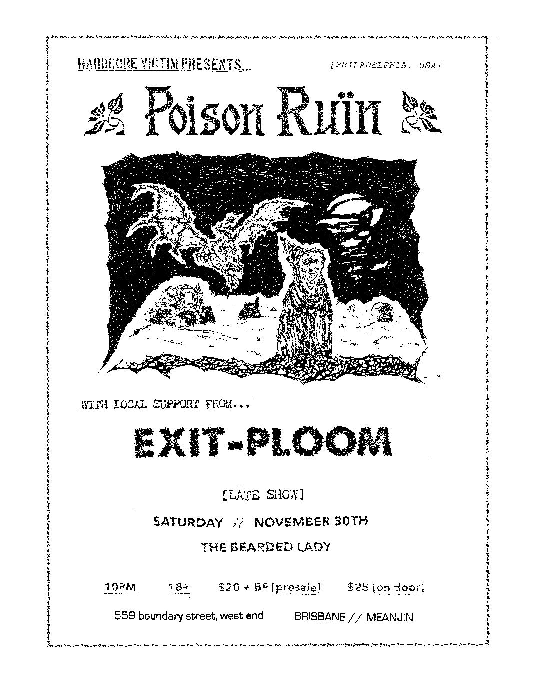 HARDCORE VICTIM presents\u2026 POISON RUIN [USA] w\/ EXIT-PLOOM @ The Bearded Lady