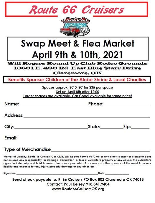 Spring 2021 Route 66 Cruisers Car Club Claremore Swap Meet & Flea Market