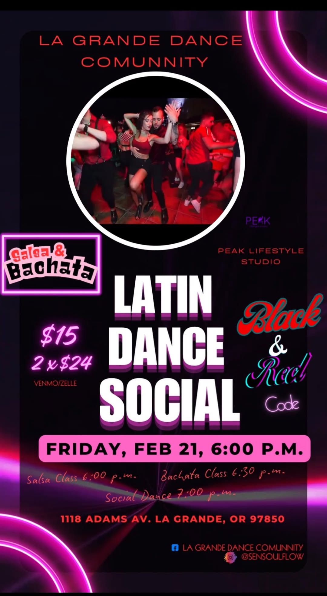 Salsa & Bachata. Latin Dance Social. Black & Red Code.