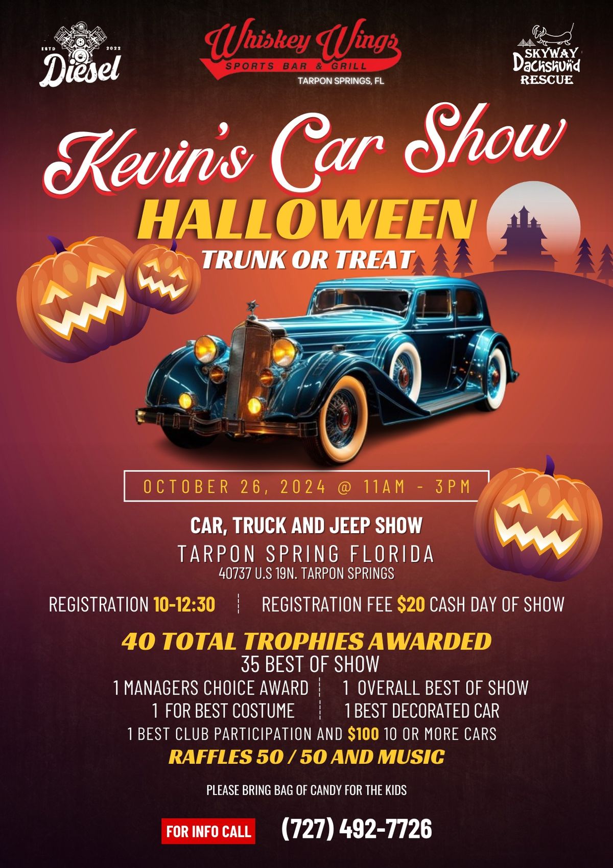 \ud83c\udf83\ud83d\ude97 Get Ready for Kevin's Halloween Car Show at Whiskey Wings Tarpon! \ud83c\udf83\ud83d\ude97