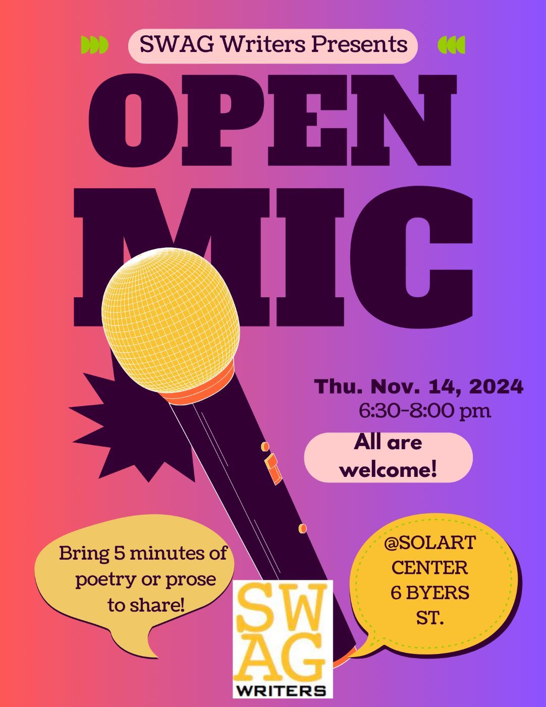 SWAG Writers Group Open Mic!