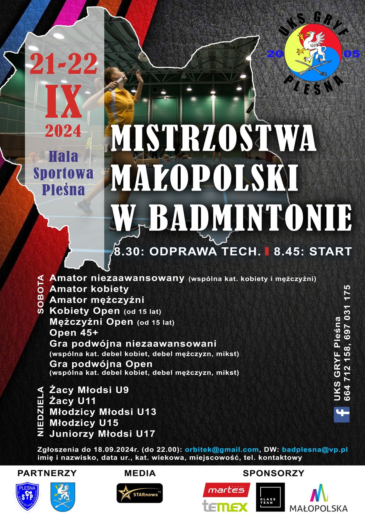 MISTRZOSTWA WOJEW\u00d3DZTWA MA\u0141OPOLSKIEGO  W BADMINTONIE  21-22.09.2024