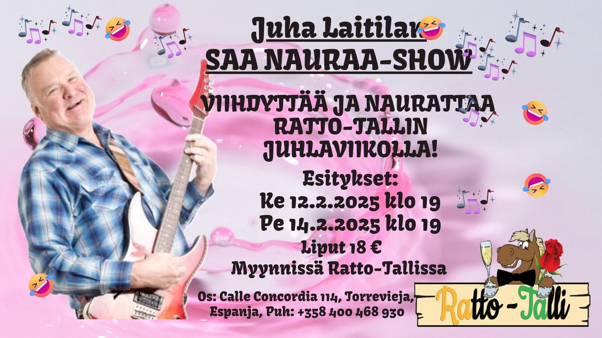 Juha Laitilan Saa Nauraa Show. Mit\u00e4 kuuluu Tartsille, Saulille ja Aleksanderille? Ent\u00e4 Trumpille?