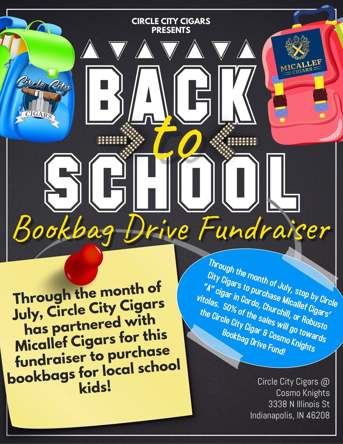 Circle City Cigars\u2019 Back-To-School Bookbag Drive Fundraiser