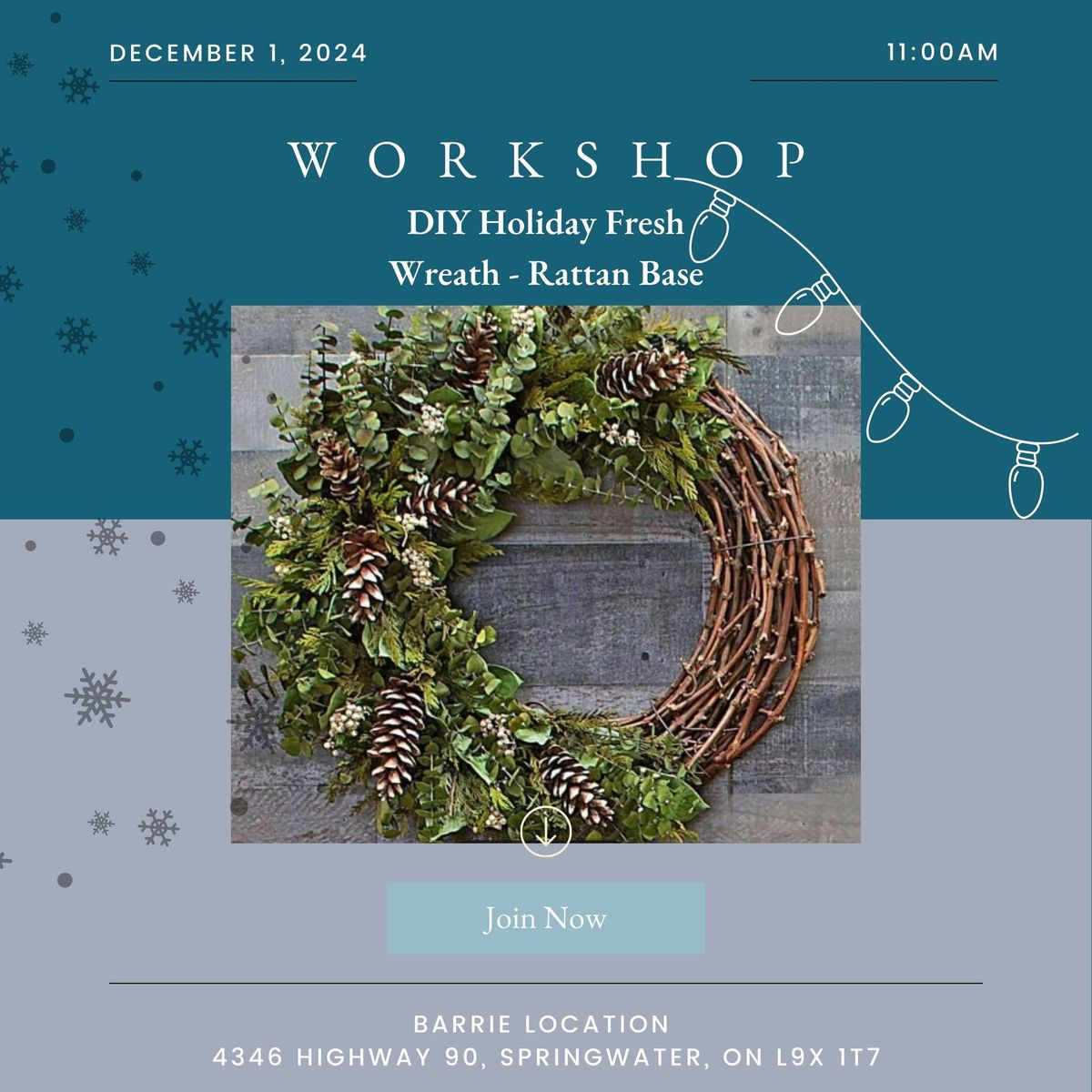 DIY Holiday Fresh Wreath (Rattan Base) Workshop Tickets (Barrie Location)