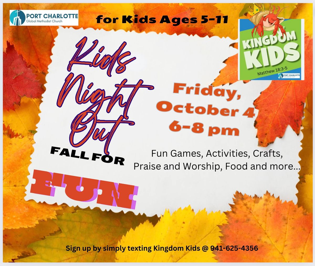 FREE! Kids Night Out Fall for Fun! Fun for ages 5-11 from 6:00-8:00pm