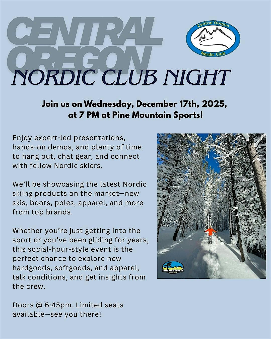 Central Oregon Nordic Club Night, All Welcome!