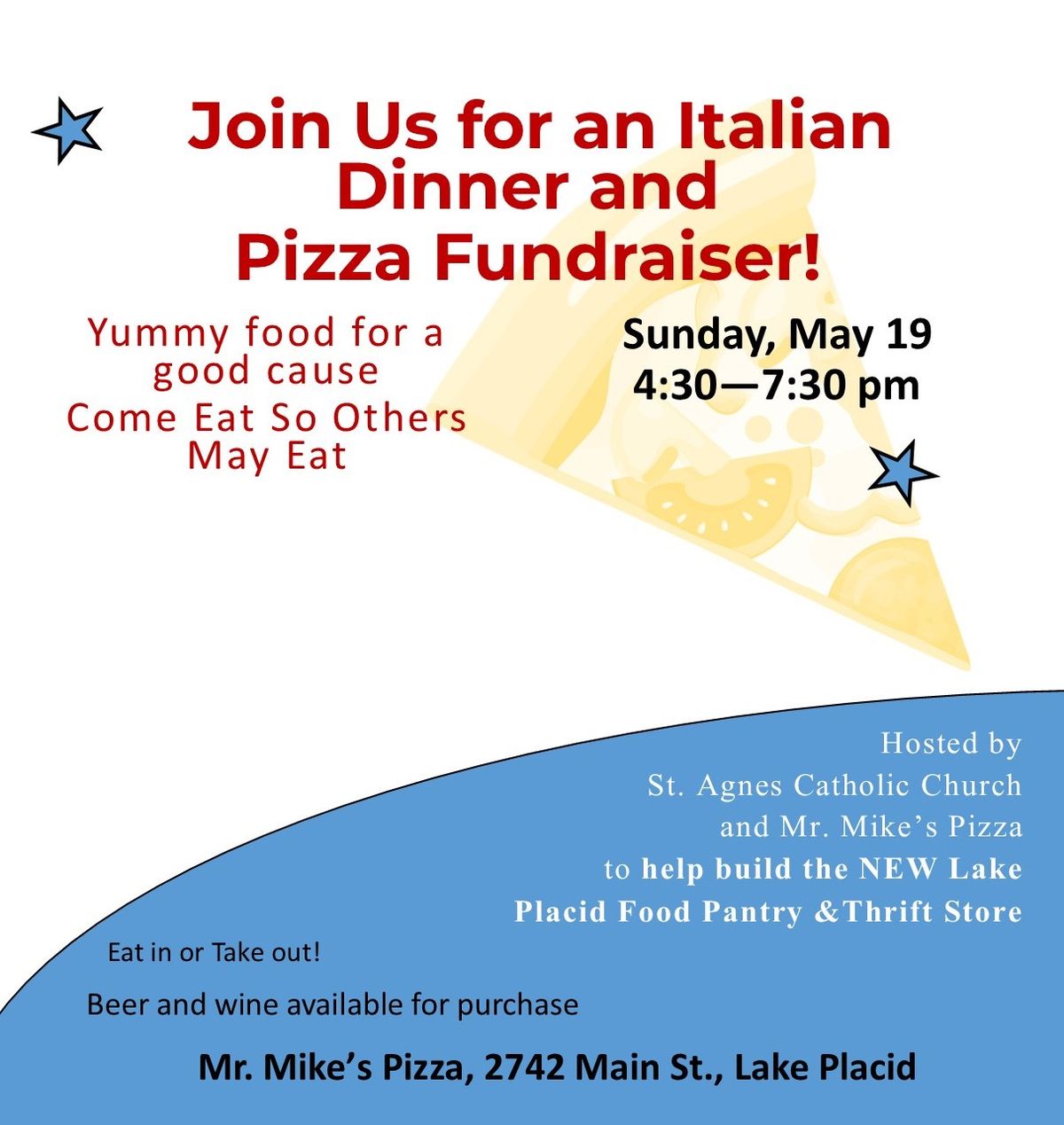 Italian Dinner and Pizza Fundraiser to benefit the NEW LP Food Pantry and Thrift Store building