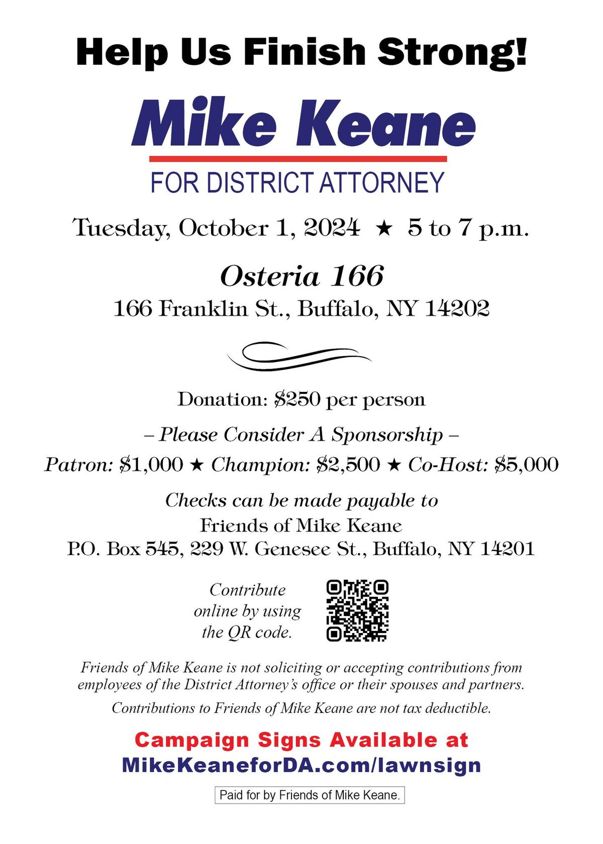 Fundraiser for Mike Keane for District Attorney at Osteria 166