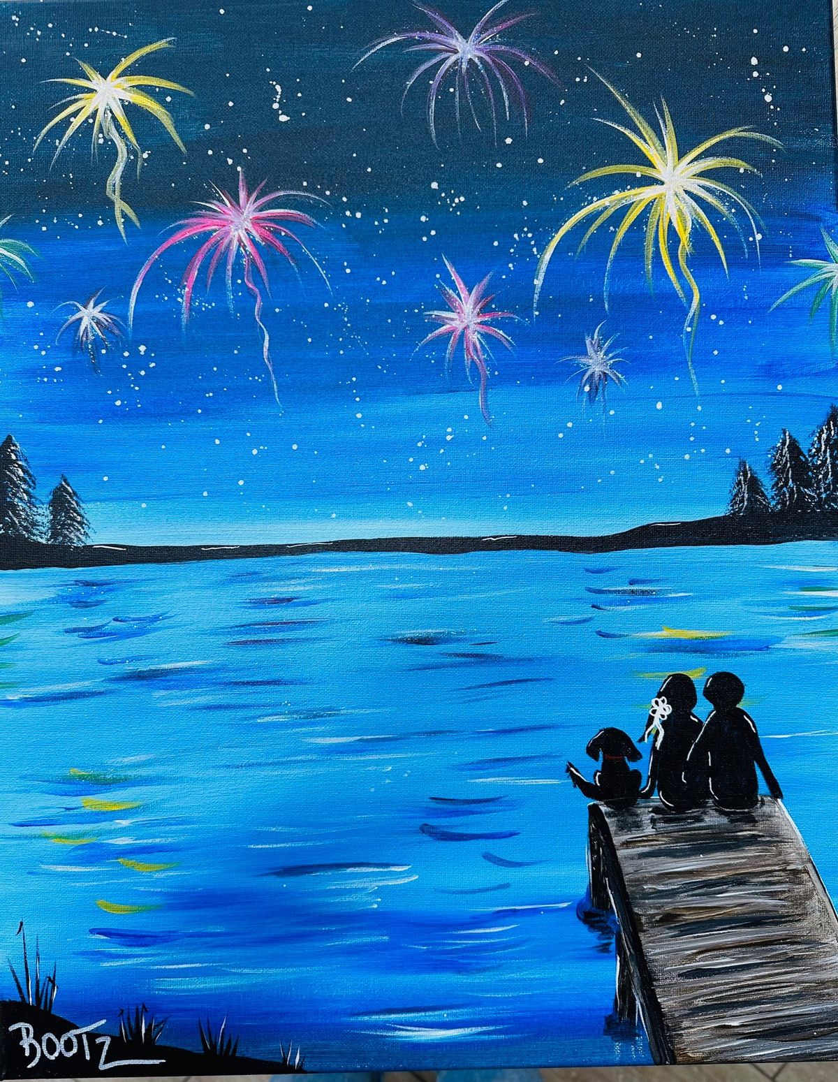 "Sitting on the Dock of the Bay Fireworks" Acrylic Canvas Painting Class at Claytopia