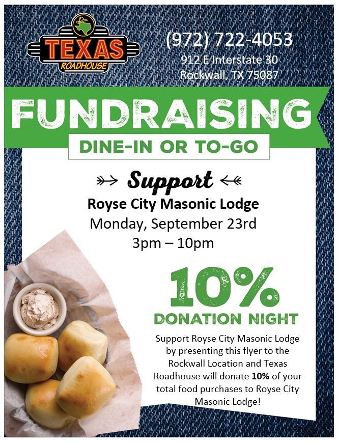 Texas Roadhouse Family night supporting Royse City Masonic Lodge High School Scholarship fundraiser