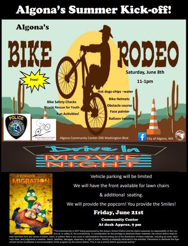 Algonas Bike RodeoSaturday, June 8th 111pm, 200 Washington Blvd