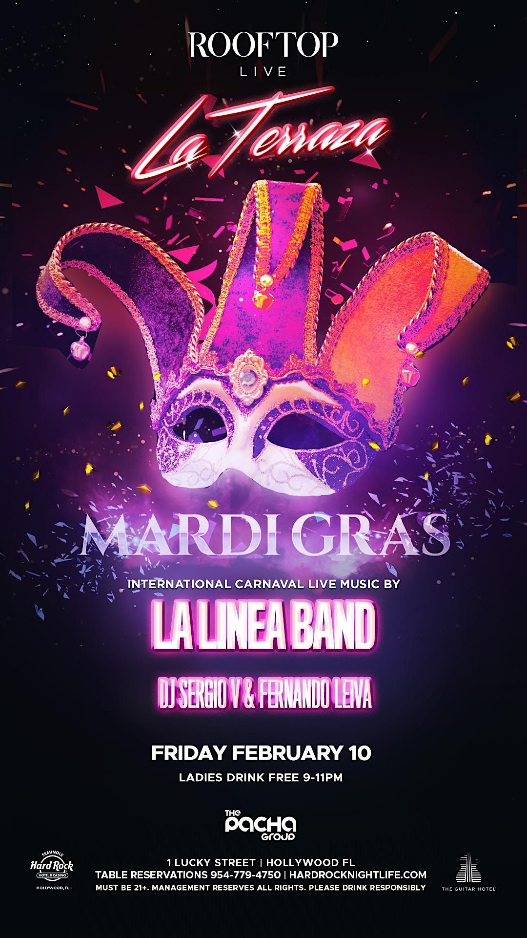 MARDI GRAS  2023 @ LA TERRRAZA ROOFTOP Friday Feb 10th LA LINEA BAND LIVE