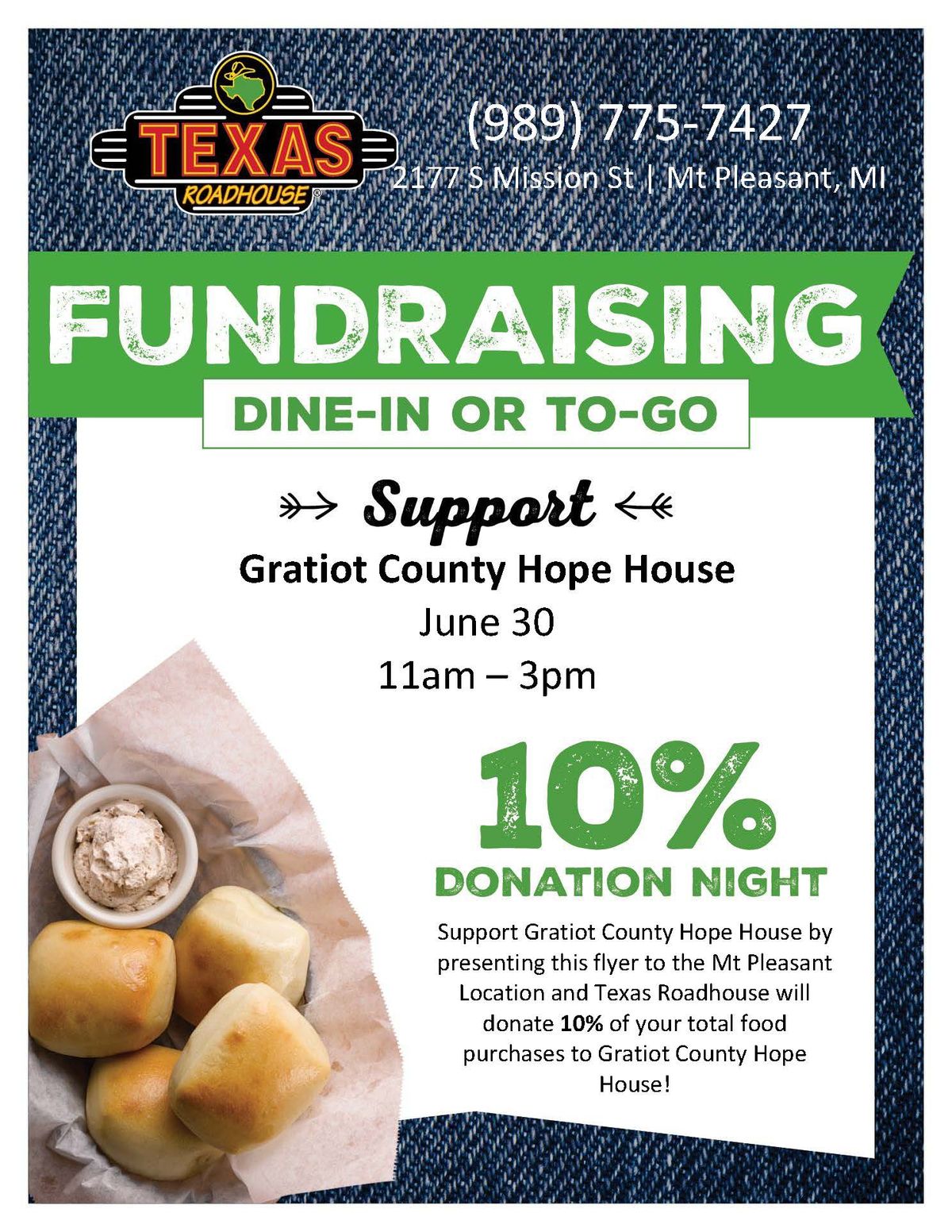 dine to donate at texas roadhouse in mt.Pleasant