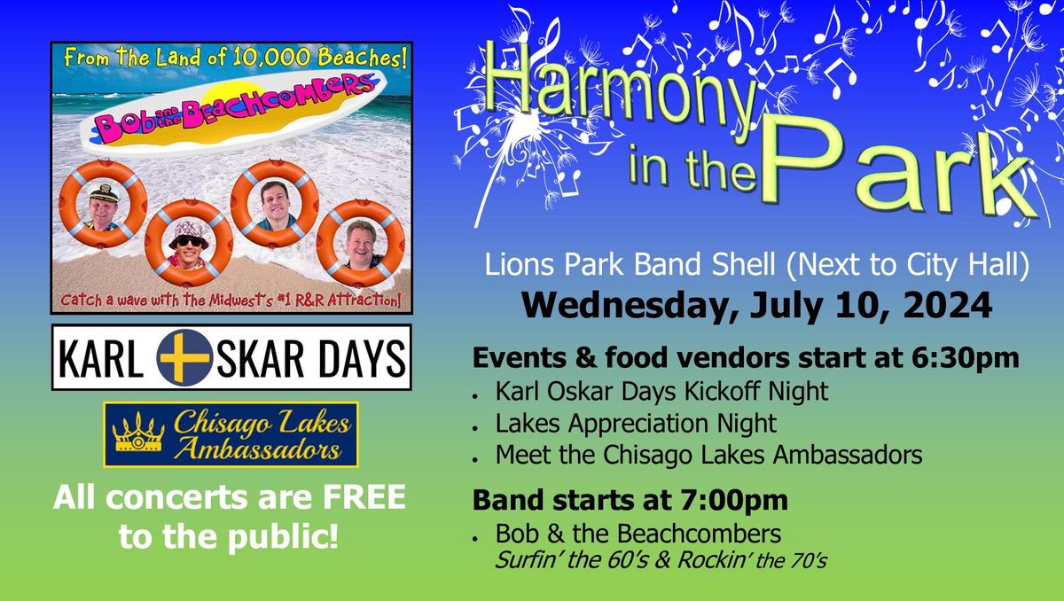 Harmony in the Park- Karl Oskar Days Kickoff! Bob & the Beachcombers & Lakes Appreciation Night